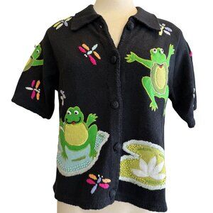 VTG BellePointe knit frog embroidered cardigan shirt size medium short sleeve